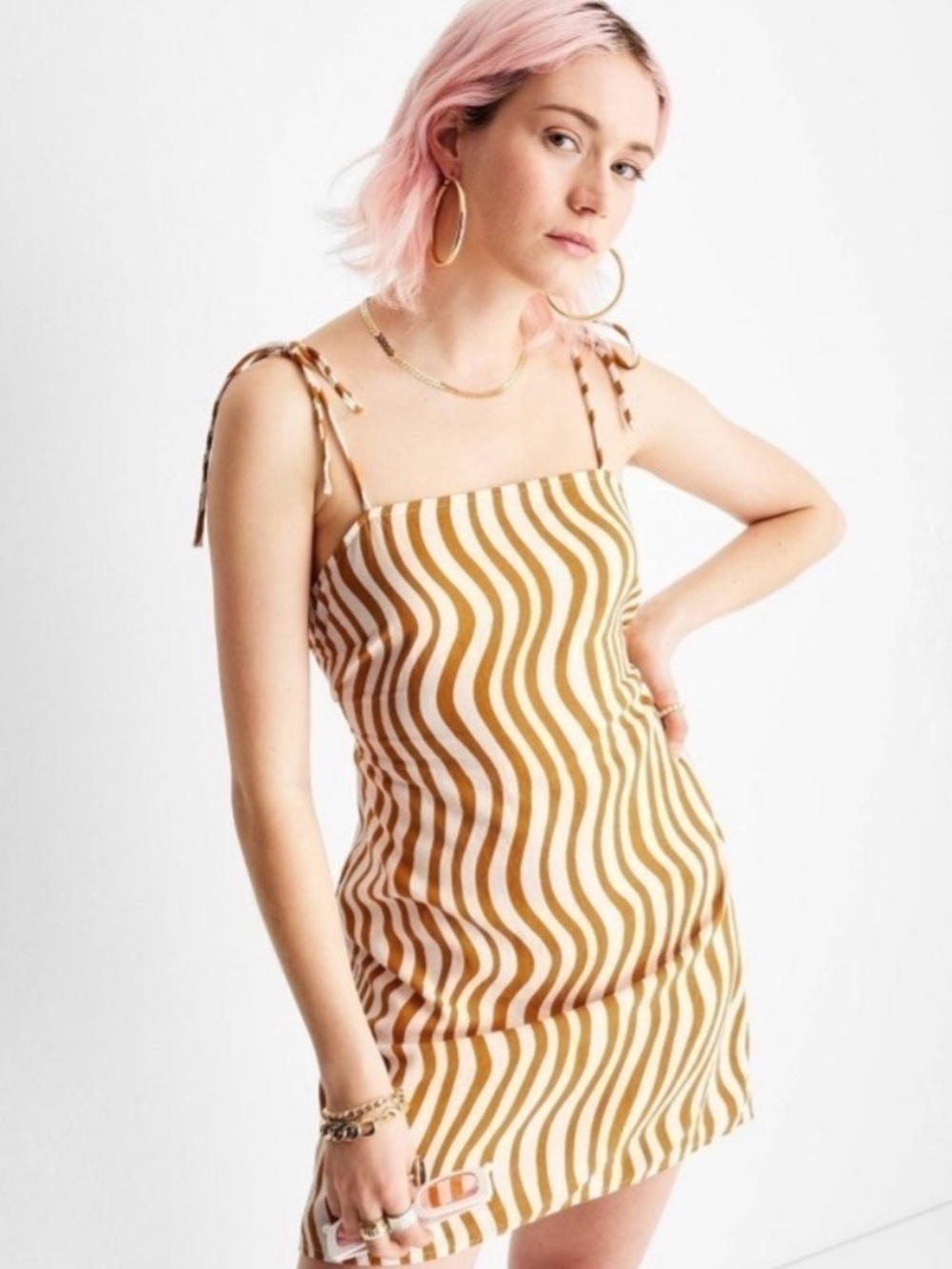 Gold Wave-Print Tie-Shoulder Dress
